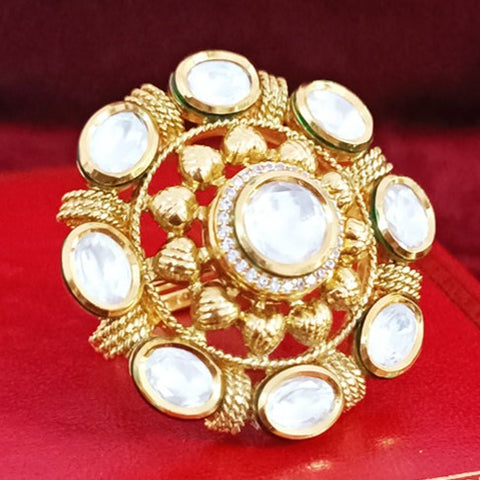 Designer Gold Plated Royal Kundan Beaded Ring (Design 118)