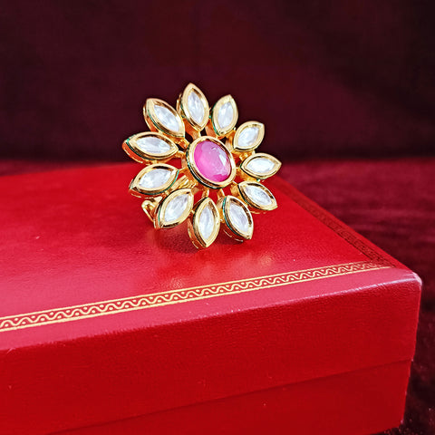 Designer Gold Plated Royal Kundan & Ruby Beaded Ring (Design 116)