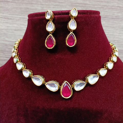 Designer Gold Plated Royal Kundan & Ruby Necklace with Earrings (D342)