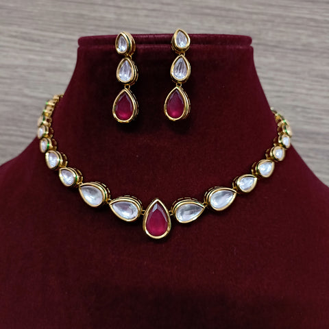 Designer Gold Plated Royal Kundan & Ruby Necklace with Earrings (D342)