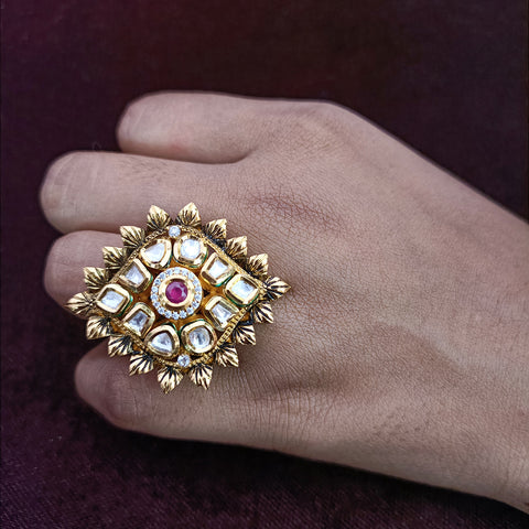 Designer Gold Plated Black Enameled Royal Kundan & Ruby Beaded Ring (Design 127)