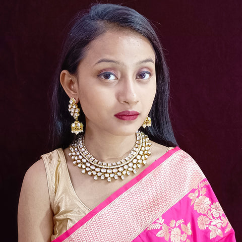Designer Gold Plated Royal Kundan Necklace with Earrings (D355)