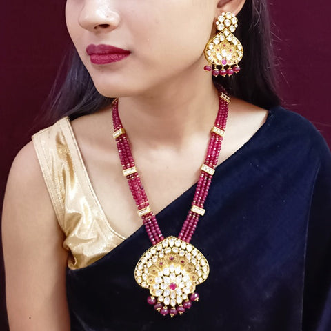 Designer Gold Plated Royal Kundan & Ruby Pendant Set (D344)