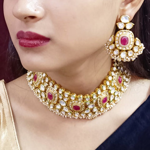 Designer Gold Plated Royal Kundan & Ruby Choker Style Necklace with Earrings (D352)