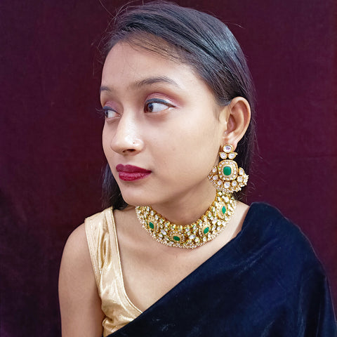 Designer Gold Plated Royal Kundan & Emerald Choker Style Necklace with Earrings (D351)