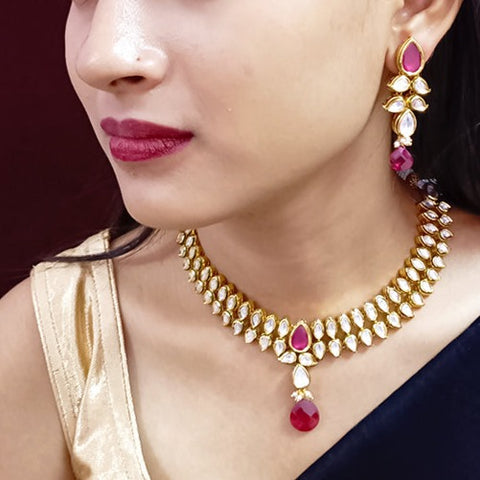 Designer Gold Plated  Royal Kundan & Ruby Necklace with Earrings (D366)