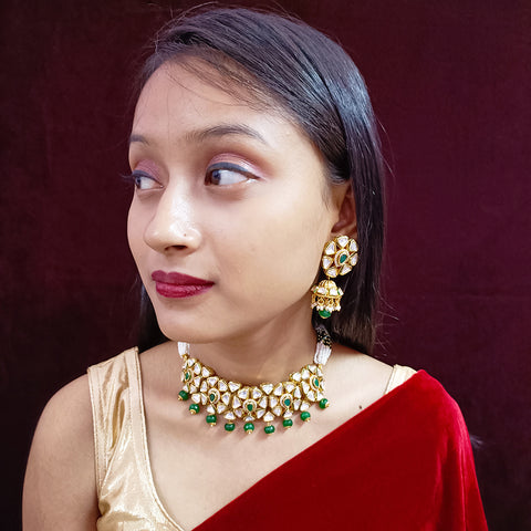 Designer Gold Plated Royal Kundan & Emerald Choker Style Necklace with Earrings (D372)