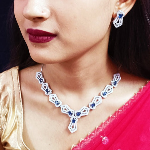 Designer Semi-Precious American Diamond & Blue Sapphire Necklace with Earrings (D28)