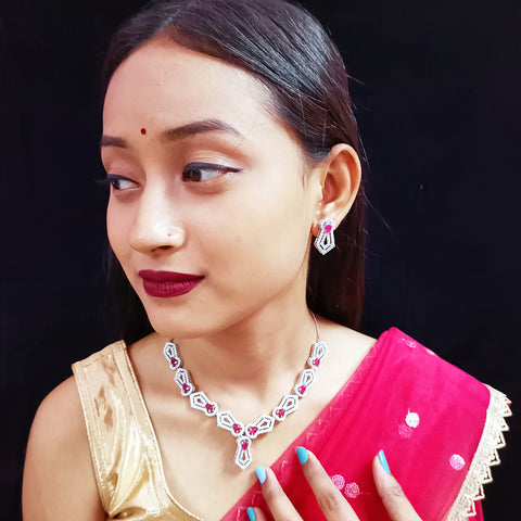 Designer Semi-Precious American Diamond Ruby Necklace with Earrings (D329)