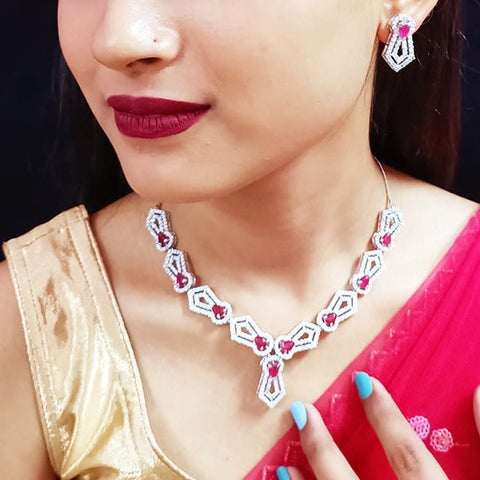 Designer Semi-Precious American Diamond Ruby Necklace with Earrings (D329)