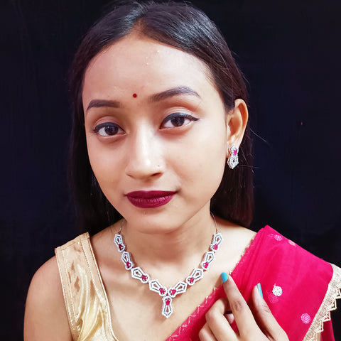 Designer Semi-Precious American Diamond Ruby Necklace with Earrings (D329)