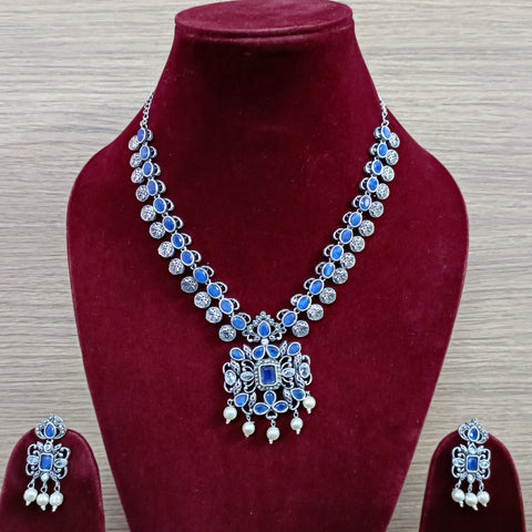 Designer Silver Oxidized & Blue Color Beaded Necklace with Earrings (D323)