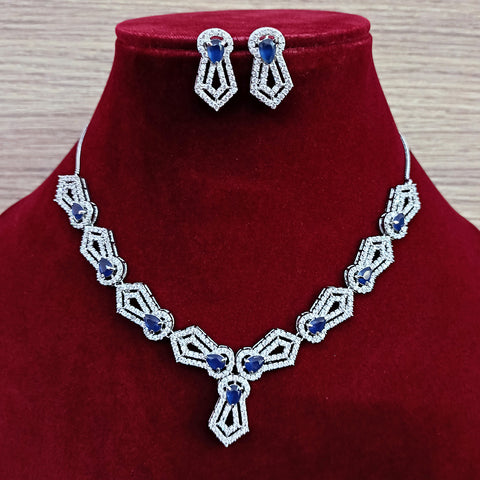 Designer Semi-Precious American Diamond & Blue Sapphire Necklace with Earrings (D28)