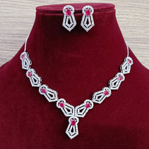 Designer Semi-Precious American Diamond Ruby Necklace with Earrings (D329)