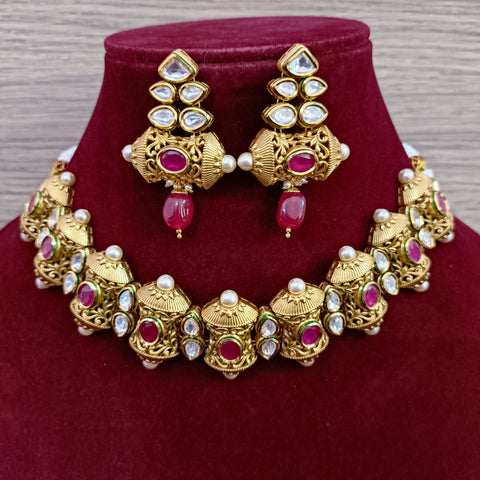Designer Gold Plated Royal Kundan Choker Style Necklace with Earrings (D373)