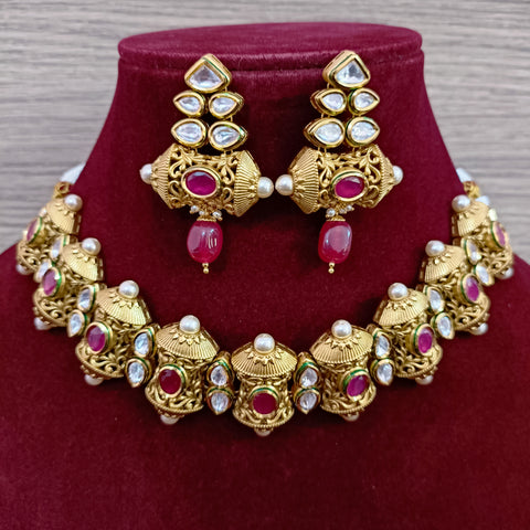 Designer Gold Plated Royal Kundan Choker Style Necklace with Earrings (D373)