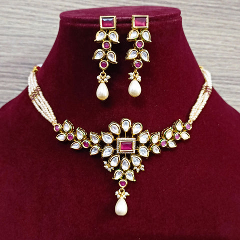 Designer Gold Plated Royal Kundan & Ruby Necklace with Earrings (D363)