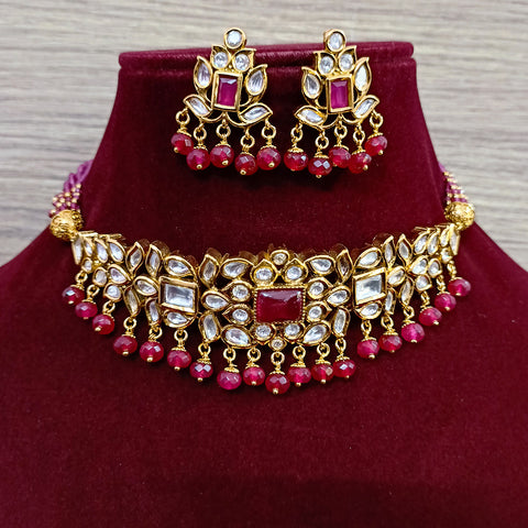 Designer Gold Plated Royal Kundan & Ruby Necklace with Earrings (D357)