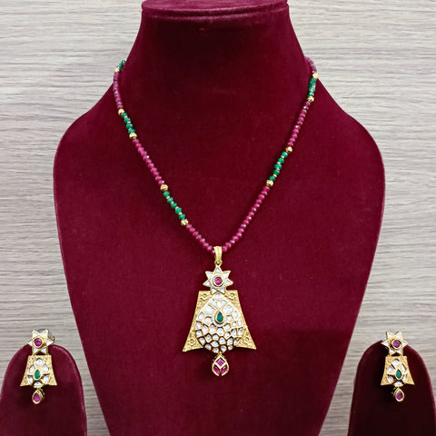 Designer Gold Plated Royal Kundan, Emerald & Ruby Pendant Set (D369)
