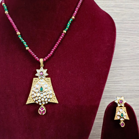 Designer Gold Plated Royal Kundan, Emerald & Ruby Pendant Set (D369)