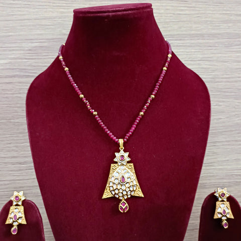 Designer Gold Plated Royal Kundan & Ruby Pendant Set (D368)
