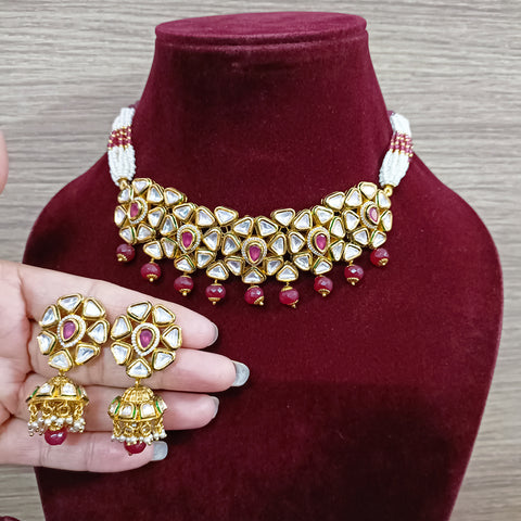 Designer Gold Plated Royal Kundan & Choker Style Necklace with Earrings (D371)