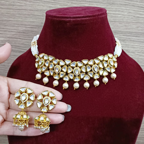 Designer Gold Plated Royal Kundan Choker Style Necklace with Earrings (D370)