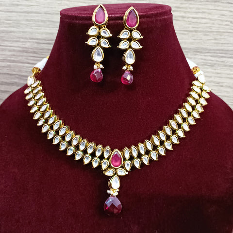 Designer Gold Plated  Royal Kundan & Ruby Necklace with Earrings (D366)