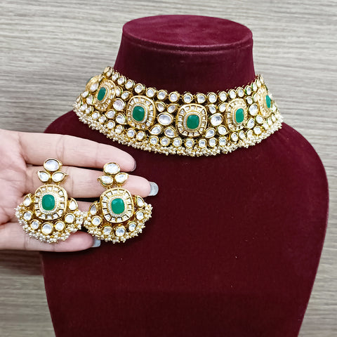 Designer Gold Plated Royal Kundan & Emerald Choker Style Necklace with Earrings (D351)