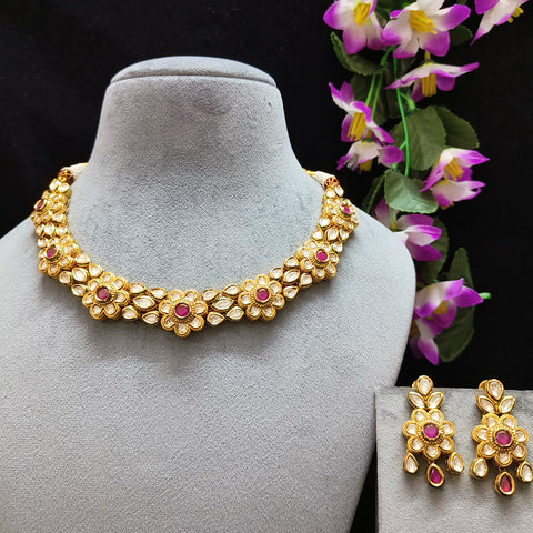 Designer Single Layer Kundan Necklace in Floral Design with Earrings