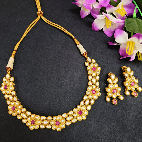 Designer Single Layer Kundan Necklace in Floral Design with Earrings
