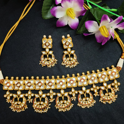 Designer Gold Plated Royal Kundan & White Beads Choker Style Necklace with Earrings (D446)