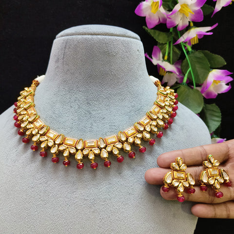 Designer Gold Plated Royal Kundan & Red Beads Necklace with Earrings (D415)