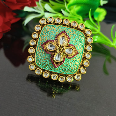 Designer Gold Plated Royal Kundan and Green Enameled Ring (Design 147)