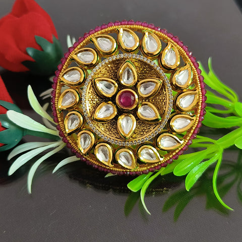 Designer Gold Plated Royal Kundan and Ruby Red Beaded Ring (Design 145)