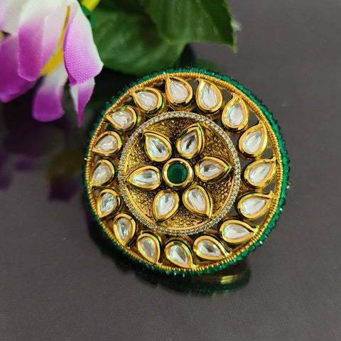 Designer Gold Plated Royal Kundan and Green Emerald Beaded Ring (Design 146)