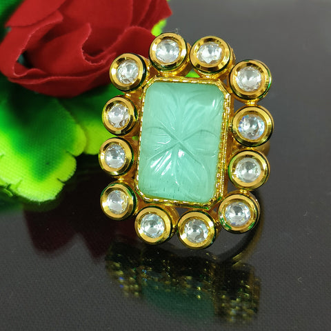 Designer Gold Plated Royal Kundan & Mint Green Beaded Ring (Design 134)
