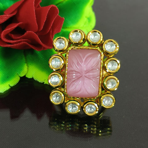 Designer Gold Plated Royal Kundan & Pink Stone Beaded Ring (Design 132)