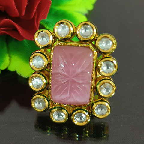 Designer Gold Plated Royal Kundan & Pink Stone Beaded Ring (Design 132)