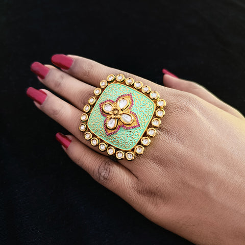 Designer Gold Plated Royal Kundan and Green Enameled Ring (Design 147)