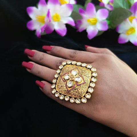 Designer Gold Plated Royal Kundan and Ruby Beaded Ring (Design 149)
