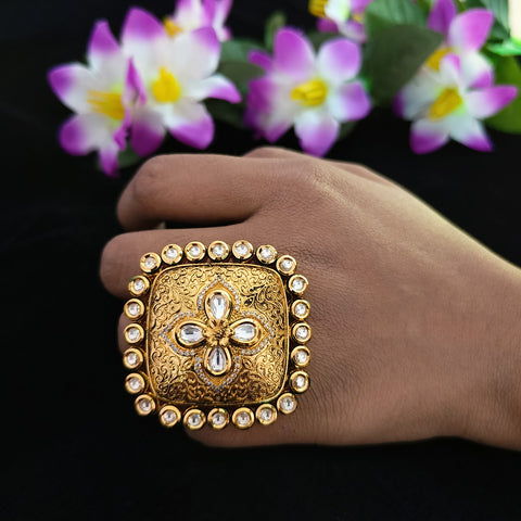 Designer Gold Plated Royal Kundan Ring (Design 148)