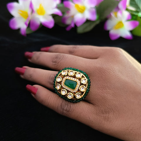 Designer Gold Plated Royal Kundan and Green Emerald Beaded Ring (Design 141)