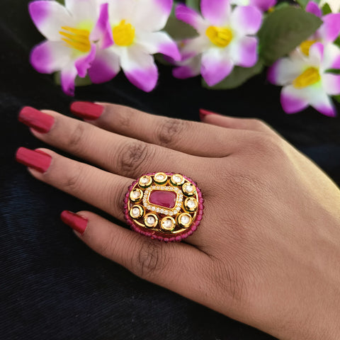 Designer Gold Plated White & Red Kundan Beaded Ring (Design 82)