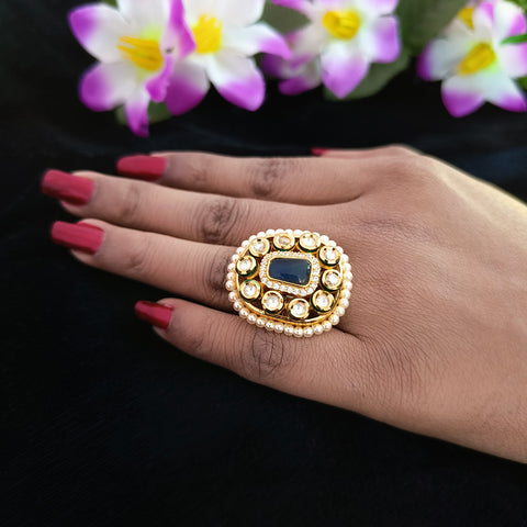 Designer Gold Plated Royal Kundan and Blue Sapphire Beaded Ring (Design 142)