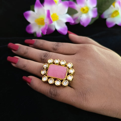 Designer Gold Plated Royal Kundan & Pink Stone Beaded Ring (Design 132)