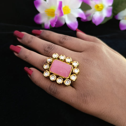 Designer Gold Plated Royal Kundan & Pink Stone Beaded Ring (Design 132)