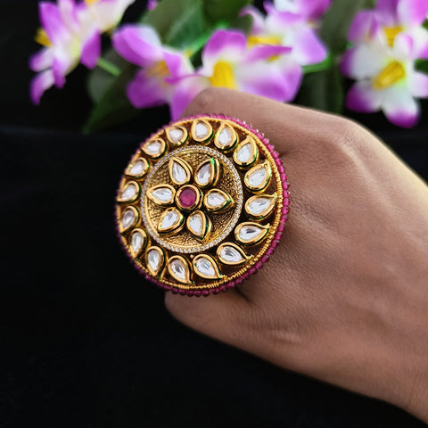 Designer Gold Plated Royal Kundan and Ruby Red Beaded Ring (Design 145)