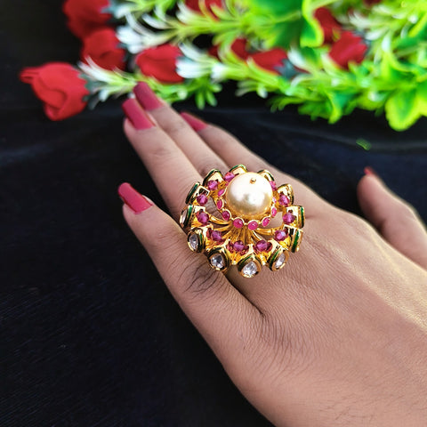Designer Gold Plated Royal Kundan & Ruby Beaded Ring (Design 135)