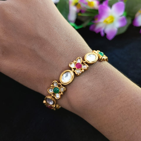 Designer Multicolor Gold Plated Royal Kundan Openable Bracelet (Design 118)